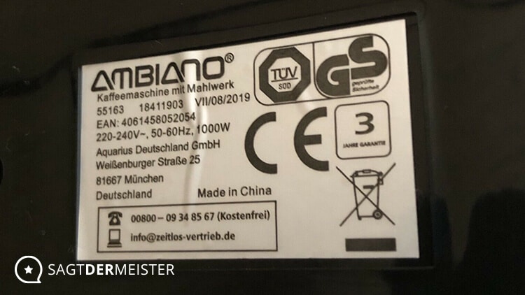 AMBIANO Kaffeemaschine mit Mahlwerk Datenblatt